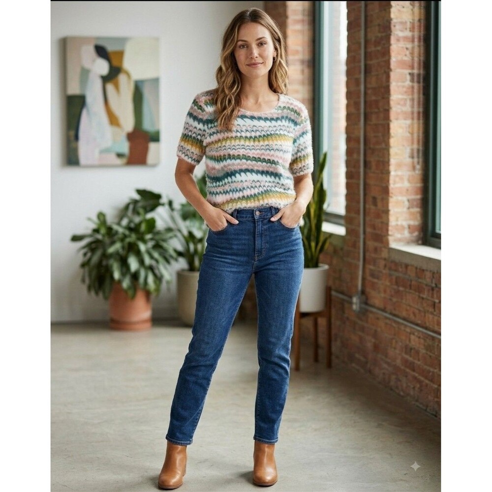 Anthropologie Pink Green Mustard Fluffy Wave-Striped Short Sleeve Sweater
